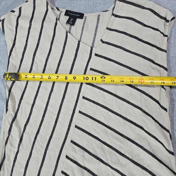Tahari Wom LG Asymmetrical Striped Linen Blend Short Sleeve Dress Tan Black EUC - Picture 5 of 11